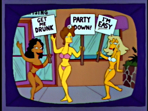women dancing in bikinis after getting sprayed by duff beer
